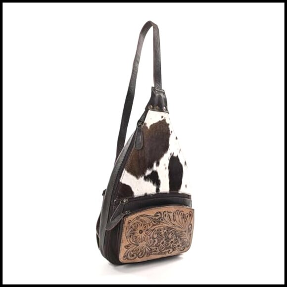 Genuine Cowhide Leather Sling Backpack Crossbody Bag Tooled Design main image 4